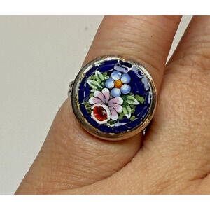 Vtg Micro Mosaic Silver Tone Adjustable Ring Cobalt Blue Forget Me Not Florals